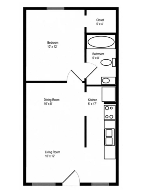 Floor plan for 1 bed, 1 bath, 500 sqft